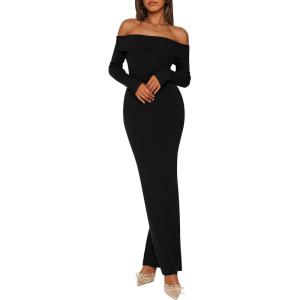 imagePRETTYGARDEN Womens 2025 Fall Sweater Dress Long Sleeve Off Shoulder Slit Maxi Bodycon Cocktail Party DressesBlack