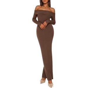 imagePRETTYGARDEN Womens 2025 Fall Sweater Dress Long Sleeve Off Shoulder Slit Maxi Bodycon Cocktail Party DressesDark Brown