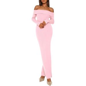 imagePRETTYGARDEN Womens 2025 Fall Sweater Dress Long Sleeve Off Shoulder Slit Maxi Bodycon Cocktail Party DressesLight Pink