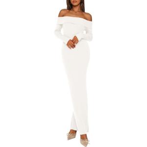 imagePRETTYGARDEN Womens 2025 Fall Sweater Dress Long Sleeve Off Shoulder Slit Maxi Bodycon Cocktail Party DressesWhite
