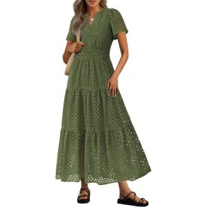 imagePRETTYGARDEN Womens 2025 Summer Maxi Dress Short Sleeve V Neck Hollow Out Eyelet A Line Long Flowy Beach Vacation DressesArmy Green
