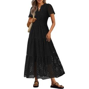 imagePRETTYGARDEN Womens 2025 Summer Maxi Dress Short Sleeve V Neck Hollow Out Eyelet A Line Long Flowy Beach Vacation DressesBlack