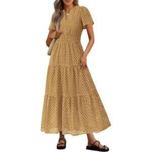 imagePRETTYGARDEN Womens 2025 Summer Maxi Dress Short Sleeve V Neck Hollow Out Eyelet A Line Long Flowy Beach Vacation DressesKhaki