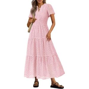 imagePRETTYGARDEN Womens 2025 Summer Maxi Dress Short Sleeve V Neck Hollow Out Eyelet A Line Long Flowy Beach Vacation DressesPink