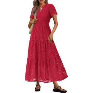 imagePRETTYGARDEN Womens 2025 Summer Maxi Dress Short Sleeve V Neck Hollow Out Eyelet A Line Long Flowy Beach Vacation DressesRed