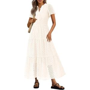 imagePRETTYGARDEN Womens 2025 Summer Maxi Dress Short Sleeve V Neck Hollow Out Eyelet A Line Long Flowy Beach Vacation DressesWhite
