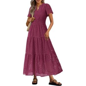 imagePRETTYGARDEN Womens 2025 Summer Maxi Dress Short Sleeve V Neck Hollow Out Eyelet A Line Long Flowy Beach Vacation DressesWine Red