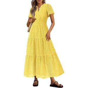 imagePRETTYGARDEN Womens 2025 Summer Maxi Dress Short Sleeve V Neck Hollow Out Eyelet A Line Long Flowy Beach Vacation DressesYellow