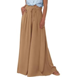 imagePRETTYGARDEN Womens 2025 Summer Wide Leg Palazzo Pants High Waisted Flowy Pockets Trendy Casual Lounge Boho Beach TrousersKhaki