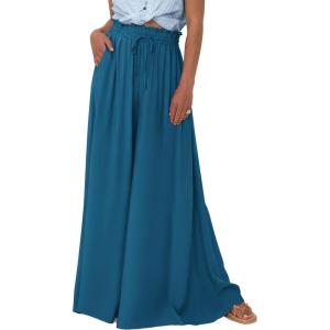 imagePRETTYGARDEN Womens 2025 Summer Wide Leg Palazzo Pants High Waisted Flowy Pockets Trendy Casual Lounge Boho Beach TrousersLake Blue