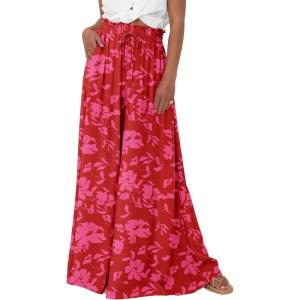 imagePRETTYGARDEN Womens 2025 Summer Wide Leg Palazzo Pants High Waisted Flowy Pockets Trendy Casual Lounge Boho Beach TrousersPrint Red