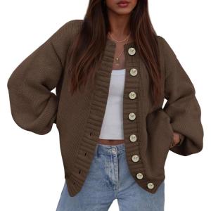 imagePRETTYGARDEN Womens 2025 Winter Cardigan Sweaters Trendy Chunky Knit Long Sleeve Button Up Casual Warm Fall Jackets CoatsBrown
