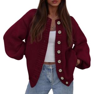imagePRETTYGARDEN Womens 2025 Winter Cardigan Sweaters Trendy Chunky Knit Long Sleeve Button Up Casual Warm Fall Jackets CoatsBurgundy
