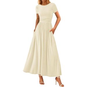 imagePRETTYGARDEN Womens Casual Dresses 2025 Summer Short Sleeve Ruched Patchwork A Line Pleated Swing Maxi Dress with PocketsBeige