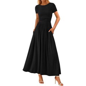 imagePRETTYGARDEN Womens Casual Dresses 2025 Summer Short Sleeve Ruched Patchwork A Line Pleated Swing Maxi Dress with PocketsBlack