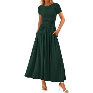 imagePRETTYGARDEN Womens Casual Dresses 2025 Summer Short Sleeve Ruched Patchwork A Line Pleated Swing Maxi Dress with PocketsDark Green