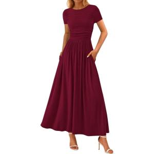 imagePRETTYGARDEN Womens Casual Dresses 2025 Summer Short Sleeve Ruched Patchwork A Line Pleated Swing Maxi Dress with PocketsWine Red