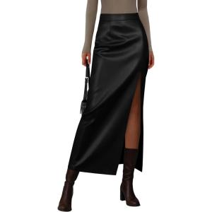 imagePRETTYGARDEN Womens Faux Leather Skirts 2025 Fall Fashion Bodycon High Waisted Slit Work Office Winter Maxi Long Pencil SkirtBlack