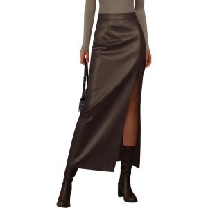 imagePRETTYGARDEN Womens Faux Leather Skirts 2025 Fall Fashion Bodycon High Waisted Slit Work Office Winter Maxi Long Pencil SkirtBrown