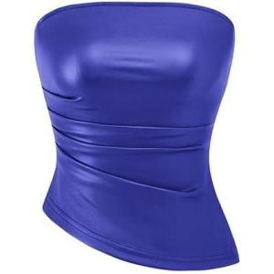 imagePRETTYGARDEN Womens Faux Leather Tube Tops 2025 Summer Strapless Asymmetrical Ruched Bandeau Shirts Going Out Club OutfitsBrilliant Blue