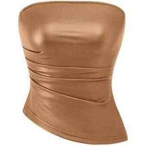imagePRETTYGARDEN Womens Faux Leather Tube Tops 2025 Summer Strapless Asymmetrical Ruched Bandeau Shirts Going Out Club OutfitsLight Brown