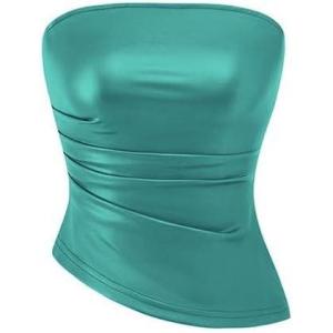 imagePRETTYGARDEN Womens Faux Leather Tube Tops 2025 Summer Strapless Asymmetrical Ruched Bandeau Shirts Going Out Club OutfitsLight Lake Blue