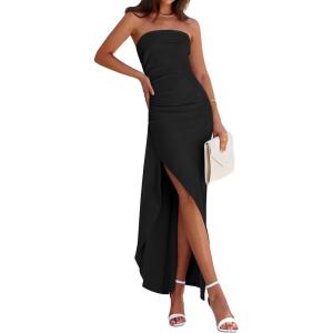 imagePRETTYGARDEN Womens Off Shoulder Bodycon Dresses 2025 Summer Ruched Asymmetrical High Split Elegant Cocktail Party DressBlack