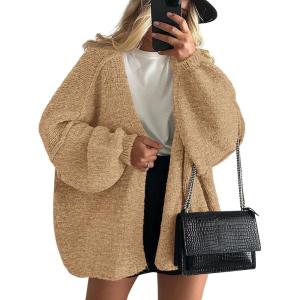 imagePRETTYGARDEN Womens Oversized Cardigan Sweaters 2025 Fall Long Lantern Sleeve Knit Open Front Lightweight SweaterCamel