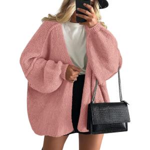 imagePRETTYGARDEN Womens Oversized Cardigan Sweaters 2025 Fall Long Lantern Sleeve Knit Open Front Lightweight SweaterLight Pink