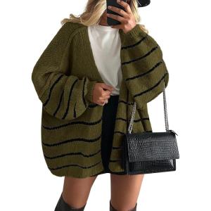imagePRETTYGARDEN Womens Oversized Cardigan Sweaters 2025 Fall Long Lantern Sleeve Knit Open Front Lightweight SweaterStriped Army Green
