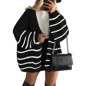 imagePRETTYGARDEN Womens Oversized Cardigan Sweaters 2025 Fall Long Lantern Sleeve Knit Open Front Lightweight SweaterStriped Black White