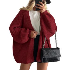 imagePRETTYGARDEN Womens Oversized Cardigan Sweaters 2025 Fall Long Lantern Sleeve Knit Open Front Lightweight SweaterWine Red