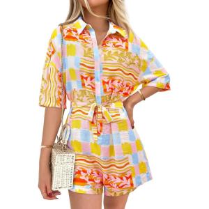 imagePRETTYGARDEN Womens Rompers for Summer 2025 Beach Vacation Clothes Short Sleeves Floral Jumpsuits Beach Cover UpMulticolored Flower