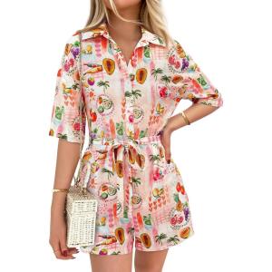 imagePRETTYGARDEN Womens Rompers for Summer 2025 Beach Vacation Clothes Short Sleeves Floral Jumpsuits Beach Cover UpPink Watercolour