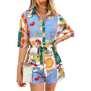imagePRETTYGARDEN Womens Rompers for Summer 2025 Beach Vacation Clothes Short Sleeves Floral Jumpsuits Beach Cover UpWhite Blue Green Flower