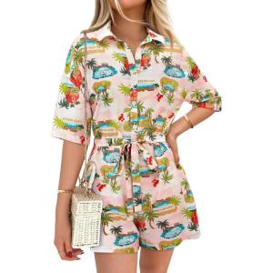 imagePRETTYGARDEN Womens Rompers for Summer 2025 Beach Vacation Clothes Short Sleeves Floral Jumpsuits Beach Cover UpWhiteblue Leaf