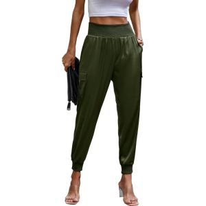 imagePRETTYGARDEN Womens Satin Jogger Pants Casual Dressy High Waist Long Lounge Pant Trousers Summer Outfits with PocketsArmy Green