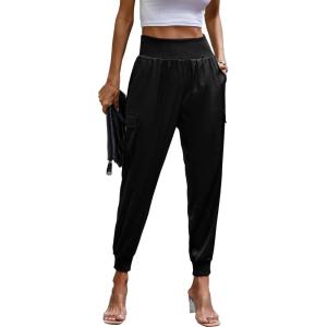 imagePRETTYGARDEN Womens Satin Jogger Pants Casual Dressy High Waist Long Lounge Pant Trousers Summer Outfits with PocketsBlack