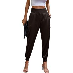 imagePRETTYGARDEN Womens Satin Jogger Pants Casual Dressy High Waist Long Lounge Pant Trousers Summer Outfits with PocketsDark Coffee