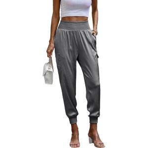 imagePRETTYGARDEN Womens Satin Jogger Pants Casual Dressy High Waist Long Lounge Pant Trousers Summer Outfits with PocketsGrey