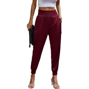 imagePRETTYGARDEN Womens Satin Jogger Pants Casual Dressy High Waist Long Lounge Pant Trousers Summer Outfits with PocketsWine Red