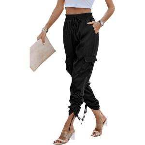 imagePRETTYGARDEN Womens Satin Jogger Pants Casual Dressy High Waist Long Lounge Pant Trousers Summer Outfits with PocketsZblack