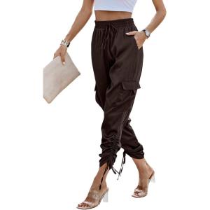 imagePRETTYGARDEN Womens Satin Jogger Pants Casual Dressy High Waist Long Lounge Pant Trousers Summer Outfits with PocketsZdark Coffee