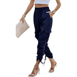 imagePRETTYGARDEN Womens Satin Jogger Pants Casual Dressy High Waist Long Lounge Pant Trousers Summer Outfits with PocketsZnavy