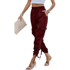 imagePRETTYGARDEN Womens Satin Jogger Pants Casual Dressy High Waist Long Lounge Pant Trousers Summer Outfits with PocketsZwine Red