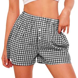imagePRETTYGARDEN Womens Shorts Boxers 2025 Summer Gingham Pajama Lounge Sleep Y2K Plaid Pj Shorts Beach BottomsBlack