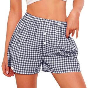 imagePRETTYGARDEN Womens Shorts Boxers 2025 Summer Gingham Pajama Lounge Sleep Y2K Plaid Pj Shorts Beach BottomsDark Blue