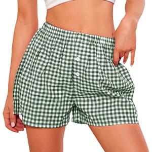 imagePRETTYGARDEN Womens Shorts Boxers 2025 Summer Gingham Pajama Lounge Sleep Y2K Plaid Pj Shorts Beach BottomsGreen