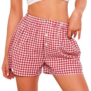 imagePRETTYGARDEN Womens Shorts Boxers 2025 Summer Gingham Pajama Lounge Sleep Y2K Plaid Pj Shorts Beach BottomsRed