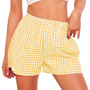 imagePRETTYGARDEN Womens Shorts Boxers 2025 Summer Gingham Pajama Lounge Sleep Y2K Plaid Pj Shorts Beach BottomsYellow
